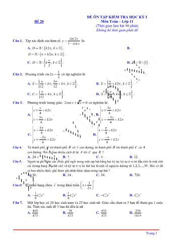 Đề ôn tập kiểm tra học kì 1 môn Toán Lớp 11 - Đề 20 (Có lời giải chi tiết)