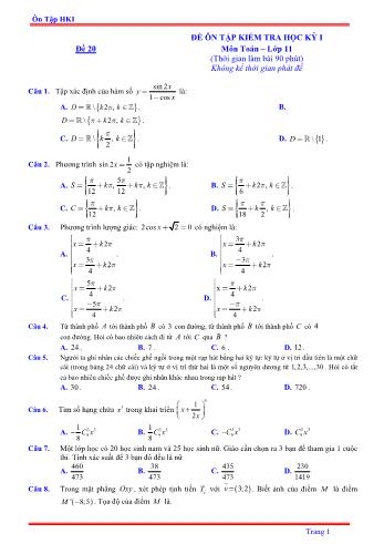 Đề ôn tập kiểm tra học kì 1 môn Toán Lớp 11 - Đề 20 - Năm học 2021-2022 (Có lời giải)