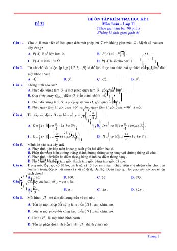 Đề ôn tập kiểm tra học kì 1 môn Toán Lớp 11 - Đề 21 (Có lời giải chi tiết)