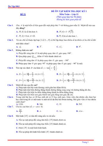 Đề ôn tập kiểm tra học kì 1 môn Toán Lớp 11 - Đề 21 - Năm học 2021-2022 (Có lời giải)