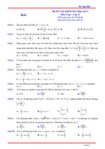 Đề ôn tập kiểm tra học kì 1 môn Toán Lớp 11 - Đề 22 - Năm học 2021-2022 (Có lời giải)
