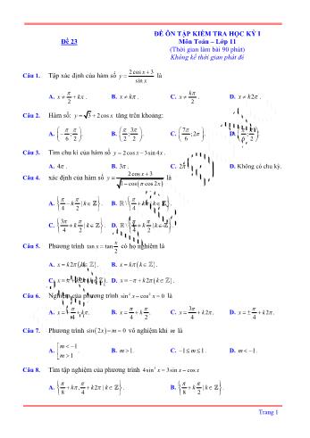 Đề ôn tập kiểm tra học kì 1 môn Toán Lớp 11 - Đề 23 (Có lời giải chi tiết)