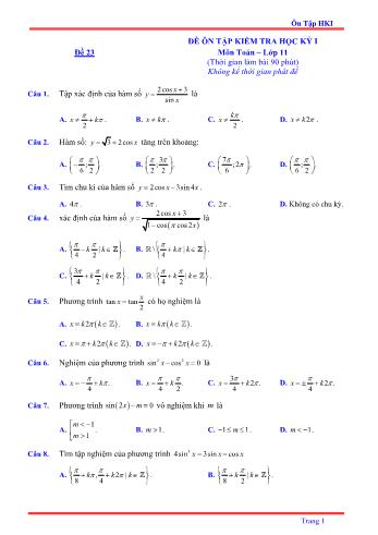 Đề ôn tập kiểm tra học kì 1 môn Toán Lớp 11 - Đề 23 - Năm học 2021-2022 (Có lời giải)