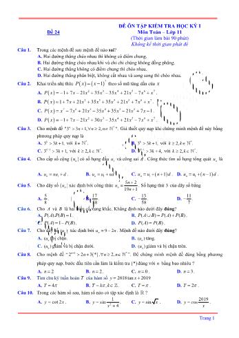 Đề ôn tập kiểm tra học kì 1 môn Toán Lớp 11 - Đề 24 (Có lời giải chi tiết)