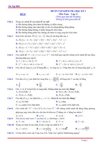 Đề ôn tập kiểm tra học kì 1 môn Toán Lớp 11 - Đề 24 - Năm học 2021-2022 (Có lời giải)