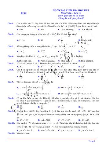 Đề ôn tập kiểm tra học kì 1 môn Toán Lớp 11 - Đề 25 (Có lời giải chi tiết)