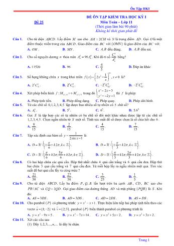 Đề ôn tập kiểm tra học kì 1 môn Toán Lớp 11 - Đề 25 - Năm học 2021-2022 (Có lời giải)