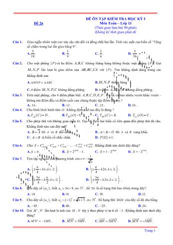 Đề ôn tập kiểm tra học kì 1 môn Toán Lớp 11 - Đề 26 (Có lời giải chi tiết)