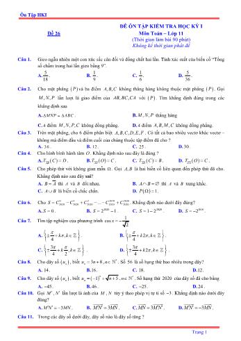 Đề ôn tập kiểm tra học kì 1 môn Toán Lớp 11 - Đề 26 - Năm học 2021-2022 (Có lời giải)