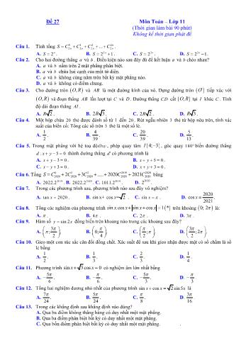 Đề ôn tập kiểm tra học kì 1 môn Toán Lớp 11 - Đề 27 (Có lời giải chi tiết)