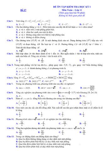 Đề ôn tập kiểm tra học kì 1 môn Toán Lớp 11 - Đề 27 - Năm học 2021-2022 (Có lời giải)