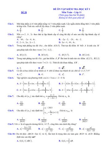 Đề ôn tập kiểm tra học kì 1 môn Toán Lớp 11 - Đề 28 - Năm học 2021-2022 (Có lời giải)