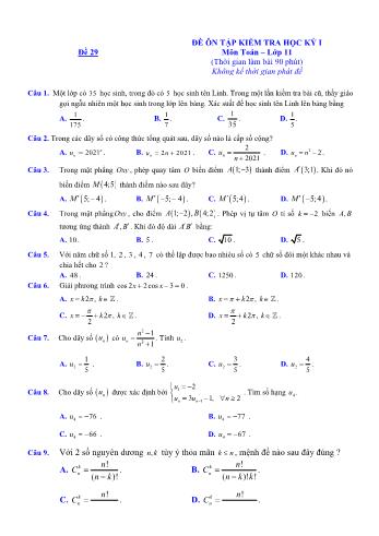 Đề ôn tập kiểm tra học kì 1 môn Toán Lớp 11 - Đề 29 (Có lời giải chi tiết)