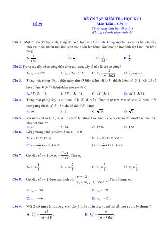Đề ôn tập kiểm tra học kì 1 môn Toán Lớp 11 - Đề 29 - Năm học 2021-2022 (Có lời giải)