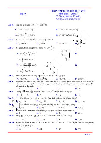 Đề ôn tập kiểm tra học kì 1 môn Toán Lớp 11 - Đề 30 (Có lời giải chi tiết)