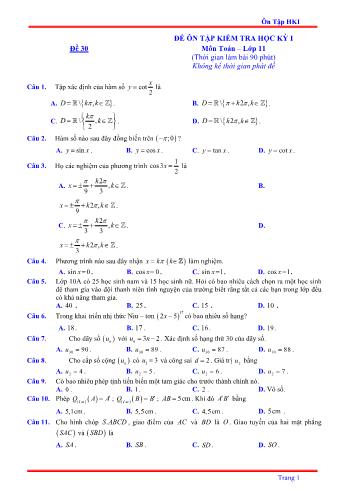 Đề ôn tập kiểm tra học kì 1 môn Toán Lớp 11 - Đề 30 - Năm học 2021-2022 (Có lời giải)