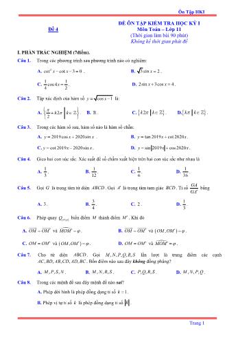 Đề ôn tập kiểm tra học kì 1 môn Toán Lớp 11 - Đề 4 - Năm học 2021-2022 (Có lời giải)
