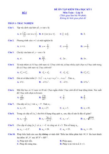 Đề ôn tập kiểm tra học kì 1 môn Toán Lớp 11 - Đề 5 - Năm học 2021-2022 (Có lời giải)