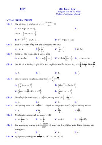 Đề ôn tập kiểm tra học kì 1 môn Toán Lớp 11 - Đề 7 (Có lời giải chi tiết)