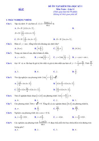 Đề ôn tập kiểm tra học kì 1 môn Toán Lớp 11 - Đề 7 - Năm học 2021-2022 (Có lời giải)