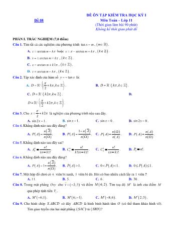 Đề ôn tập kiểm tra học kì 1 môn Toán Lớp 11 - Đề 8 - Năm học 2021-2022 (Có lời giải)