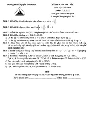 Đề thi giữa học kì 1 môn Toán Lớp 11 - Năm học 2022-2023 - Trường THPT Nguyễn Hữu Huân