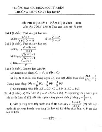 Đề thi học kì 1 môn Toán Lớp 11 - Năm học 2022-2023 - Trường THPT chuyên Khoa học tự nhiên