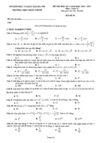 Đề thi học kì 1 môn Toán Lớp 11 - Năm học 2022-2023 - Trường THPT Nhân Chính