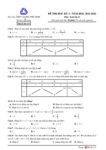 Đề thi học kì 2 môn Toán Lớp 11 - Năm học 2021-2022 - Trường THPT Lương Thế Vinh