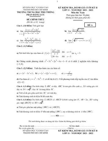 Kì kiểm tra, đánh giá cuối học kì 2 môn Toán Lớp 11 - Năm học 2021-2022 - Trường THPT Phan Đăng Lưu (Có đáp án)