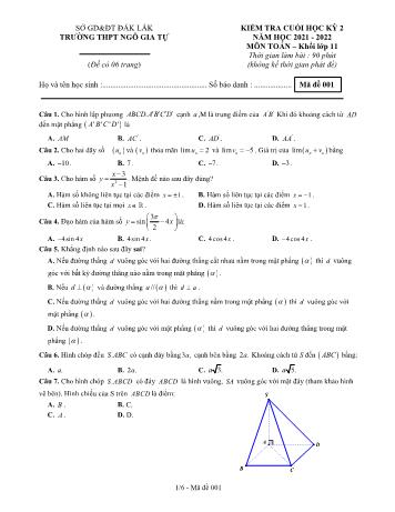 Kiểm tra cuối học kì 1 môn Toán Lớp 11 - Mã đề 001 - Năm học 2021-2022 - Trường THPT Ngô Gia Tự (Có đáp án)