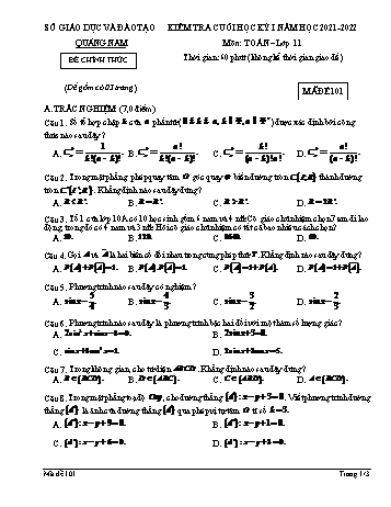 Kiểm tra cuối học kì 1 môn Toán Lớp 11 - Mã đề 101 - Năm học 2021-2022 - Sở giáo dục và đào tạo Quảng Nam (Có đáp án)