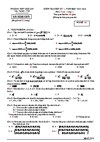 Kiểm tra cuối học kì 1 môn Toán Lớp 11 - Mã đề 101 - Năm học 2022-2023 - Trường THPT Quế Sơn (Có đáp án)