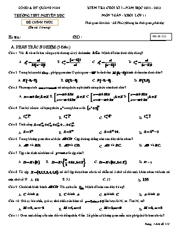 Kiểm tra cuối học kì 1 môn Toán Lớp 11 - Mã đề 113 - Năm học 2022-2023 - Trường THPT Nguyễn Dục (Có đáp án)