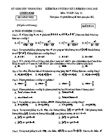 Kiểm tra cuối học kì 1 môn Toán Lớp 11 - Năm học 2021-2022 - Sở giáo dục và đào tạo Quảng Nam (Có đáp án)