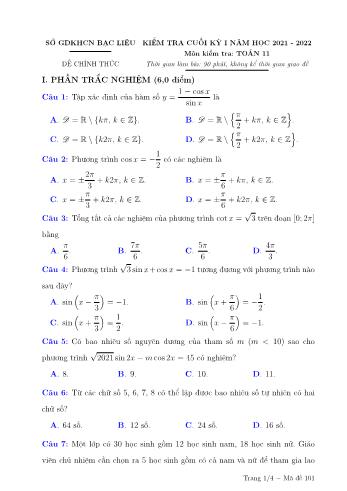 Kiểm tra cuối học kì 1 môn Toán Lớp 11 - Năm học 2021-2022 - Sở giáo dục và đào tạo Bạc Liêu (Có đáp án)