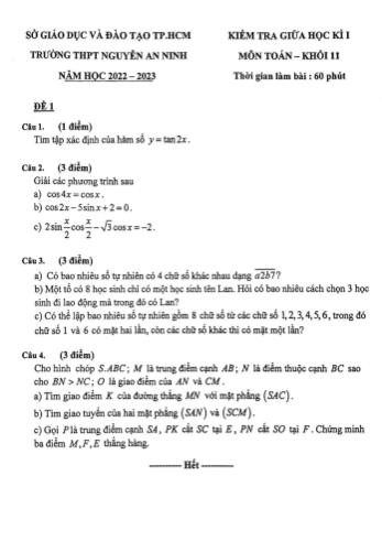 Kiểm tra giữa học kì 1 môn Toán Lớp 11 - Đề 1 - Năm học 2022-2023 - Trường THPT Nguyễn An Ninh