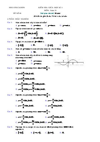Kiểm tra giữa học kì 1 môn Toán Lớp 11 - Đề số 1 - Năm học 2021-2022