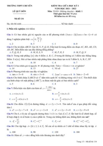 Kiểm tra giữa học kì 1 môn Toán Lớp 11 (Không chuyên) - Mã đề 134 - Năm học 2021-2022 - Trường THPT chuyên Lê Quý Đôn