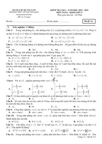 Kiểm tra giữa học kì 1 môn Toán Lớp 11 - Mã đề 111 - Năm học 2022-2023 - Trường THPT Võ Nguyên Giáp (Có đáp án)