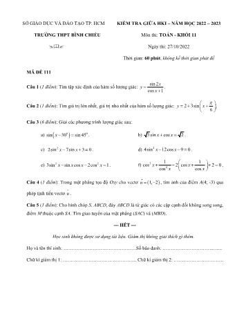 Kiểm tra giữa học kì 1 môn Toán Lớp 11 - Mã đề 111 - Năm học 2022-2023 - Trường THPT Bình Chiểu (Có đáp án)