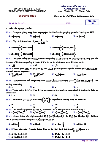 Kiểm tra giữa học kì 1 môn Toán Lớp 11 - Mã đề 185 - Năm học 2021-2022 - Trường THPT chuyên Vĩnh Phúc (Có đáp án)
