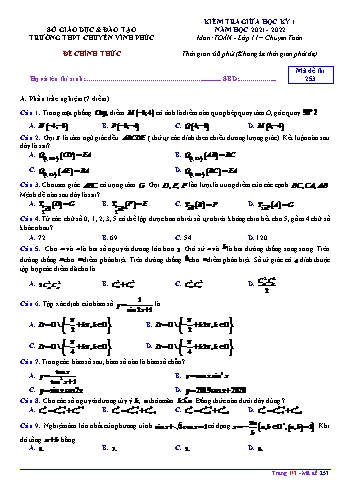 Kiểm tra giữa học kì 1 môn Toán Lớp 11 - Mã đề 253 - Năm học 2021-2022 - Trường THPT chuyên Vĩnh Phúc (Có đáp án)