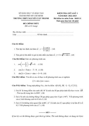 Kiểm tra giữa học kì 1 môn Toán Lớp 11 - Năm học 2022-2023 - Trường THPT Nguyễn Tất Thành