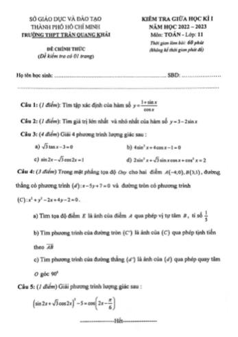 Kiểm tra giữa học kì 1 môn Toán Lớp 11 - Năm học 2022-2023 - Trường THPT Trần Quang Khải