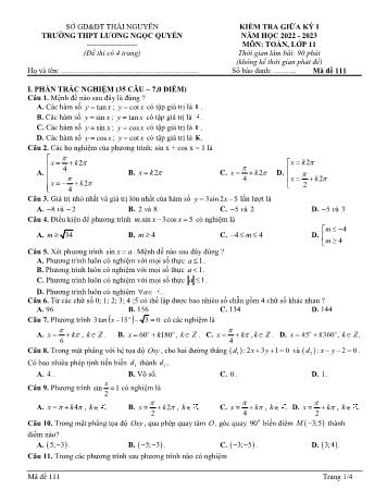 Kiểm tra giữa học kì 1 môn Toán Lớp 11 - Năm học 2022-2023 - Trường THPT Lương Ngọc Quyên (Có đáp án)