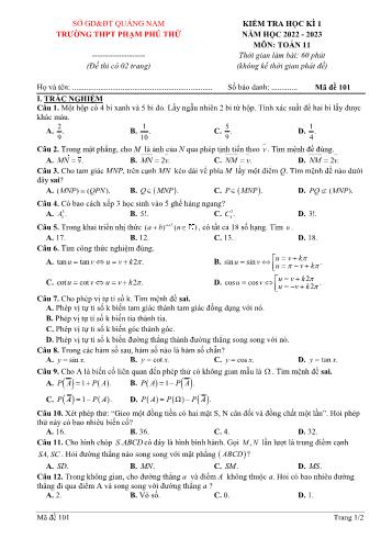 Kiểm tra học kì 1 môn Toán Lớp 11 - Mã đề 101 - Năm học 2022-2023 - Trường THPT Phạm Phú Thứ (Có đáp án)