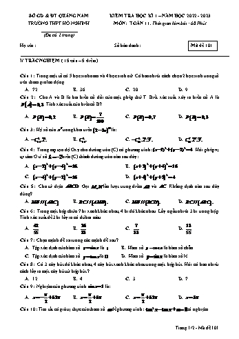 Kiểm tra học kì 1 môn Toán Lớp 11 - Mã đề 101 - Năm học 2022-2023 - Trường THPT Hồ Nghinh (Có đáp án)
