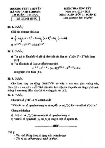 Kiểm tra học kì 1 môn Toán Lớp 11 - Năm học 2022-2023 - Trường THPT chuyên Amsterdam