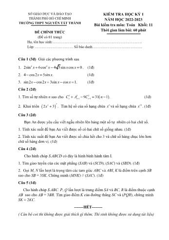 Kiểm tra học kì 1 môn Toán Lớp 11 - Năm học 2022-2023 - Trường THPT Nguyễn Tất Thành (Có hướng dẫn chấm)